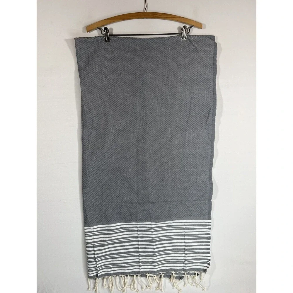Williams Sonoma Table Runner Gray Stripe Linen Fringe Minimalist Coastal Decor
